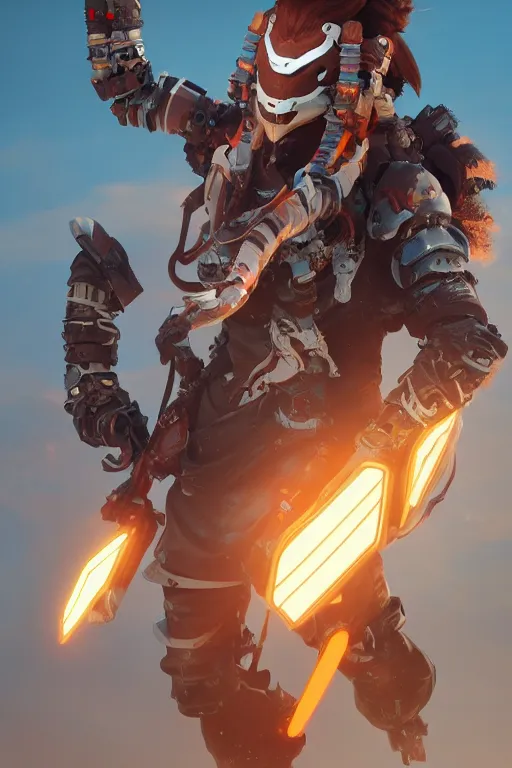 Image similar to combination suit armor aloy horizon forbidden west horizon zero dawn robot ninja mask helmet backpack tribal, aesthetic octane render, 8 k hd resolution, by ilya kuvshinov and cushart krentz and gilleard james radiating a glowing aura cgi rtx 2 0 2 2