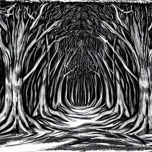 Prompt: dark forest illustration, dark fantasy, black ink on white paper, sketched 4k