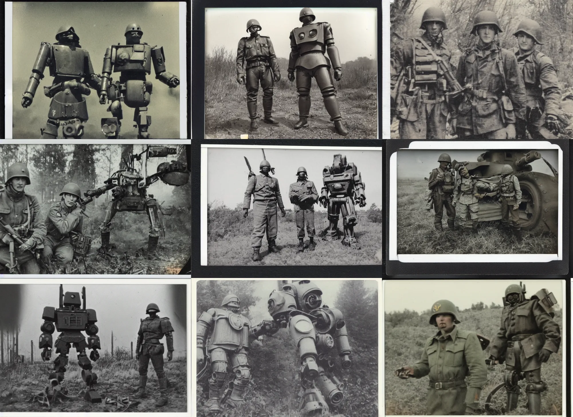 Prompt: found polaroid picture of a world war two 2 with a soviet mecha, war machine