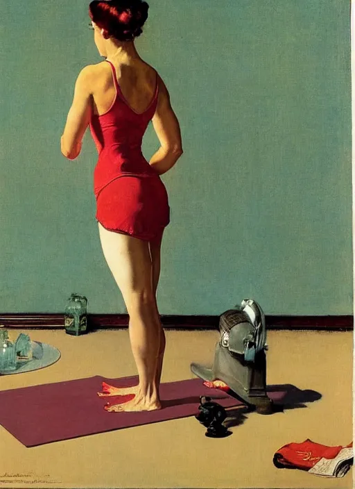 Image similar to a pin up girl doing yoga by norman rockwell and edward hopper