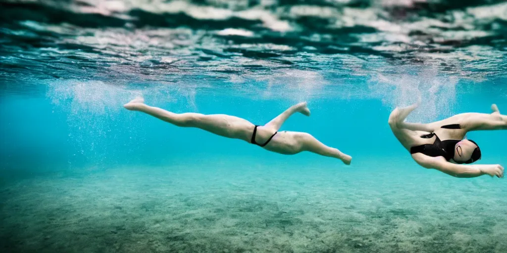 Prompt: woman swimming and breaking the surface of the water, underwater photography with light scattering and water refractions, smooth