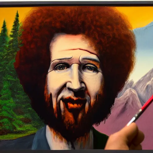 Image similar to a closeup photorealistic photograph of bob ross working on a canvas painting of marilyn manson. happy trees, mountain scape. film still. brightly lit scene. this 4 k hd image is trending on artstation, featured on behance, well - rendered, extra crisp, features intricate detail, epic composition and the style of unreal engine.