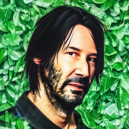 Prompt: a portrait of keanu reaves face as green leaves