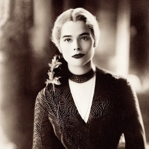 Prompt: edwardian photograph of grace kelly, emilia clarke, 1 9 0 0 s, 1 9 1 0 s, grainy, slightly blurry, very faded photo, realistic face, elegant, graceful