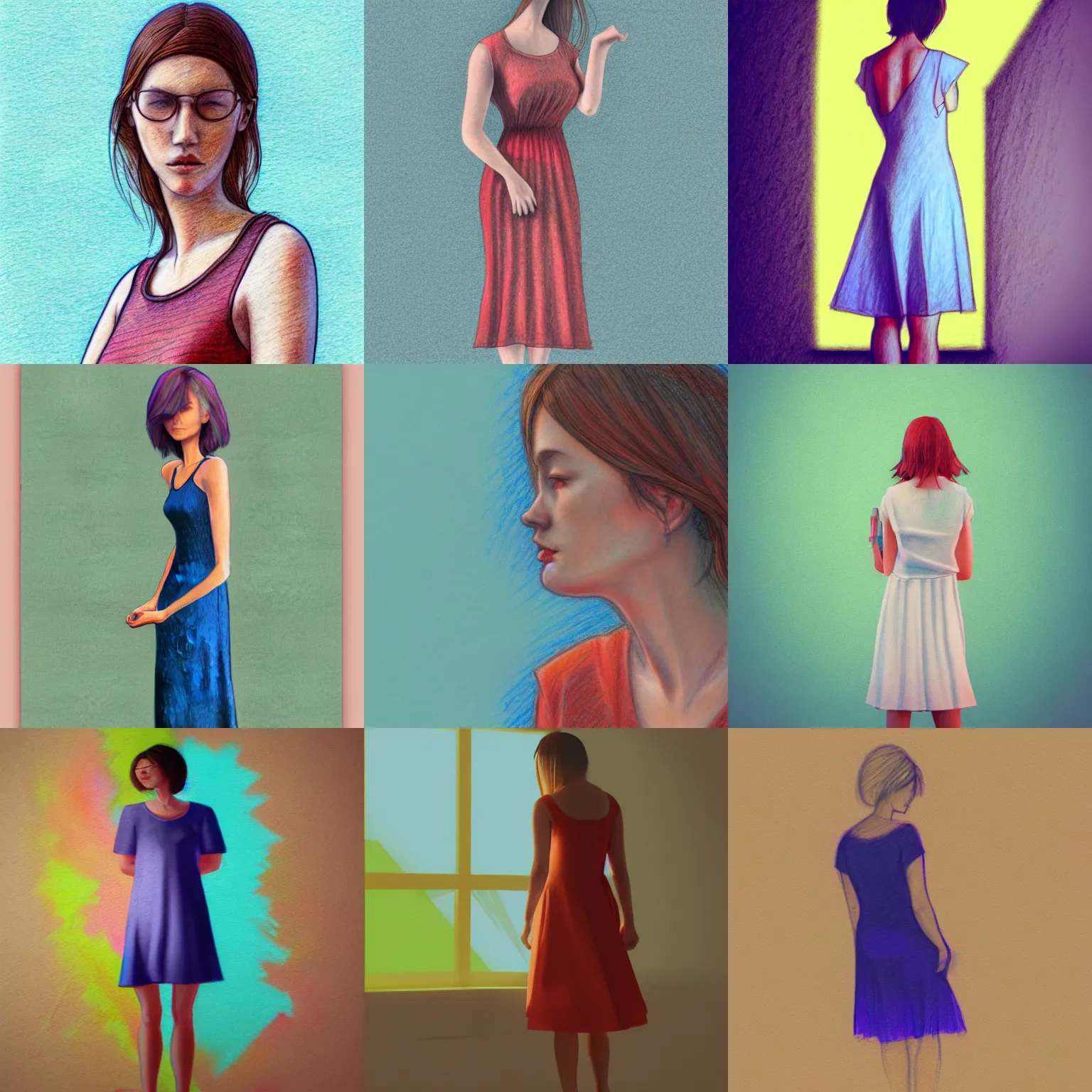 Prompt: woman wearing a simple dress on a summer day, colored pencils, v-ray render, ambient lighting, sketchbook, vibrant hues, moody, somber, realistic, ray tracing