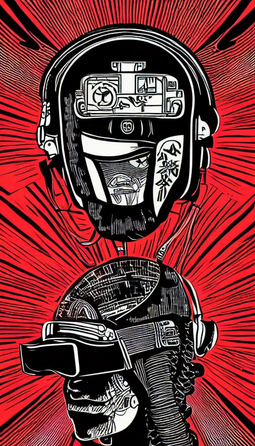 Image similar to Illustrated by Shepard Fairey and H.R. Geiger | Cyberpunk Samurai with VR helmet, surrounded by cables