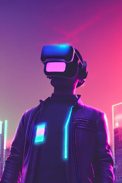 Prompt: cool cyberpunk dude with vr goggles, looking onto the city buildings, photorealism, night ambiance, vaporwave colors, neon glow on structures, highly detailed, trending on artstation, cinematic moody colors, 8 k, 4 k