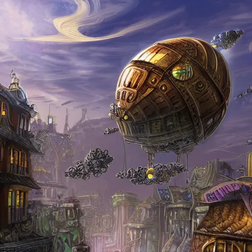 Prompt: flying egg - shaped steampunk city, fantasy art, sky in the background, detailed, behrens style