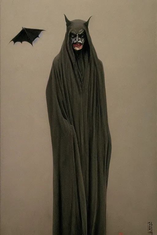 Image similar to a vampire wearing a long black robe with large bat ears huge black eyes and gray skin, character art, painting by zdzisław beksinski