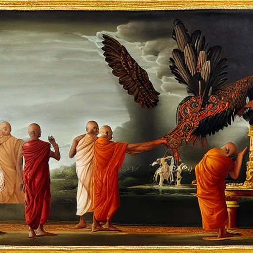 Image similar to hindu monks worshipping giant crow on greek senete baroque painting, lionardo davinchi