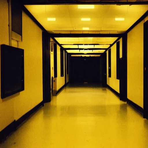 Prompt: an empty yellow hallway, liminal space, vhs recording