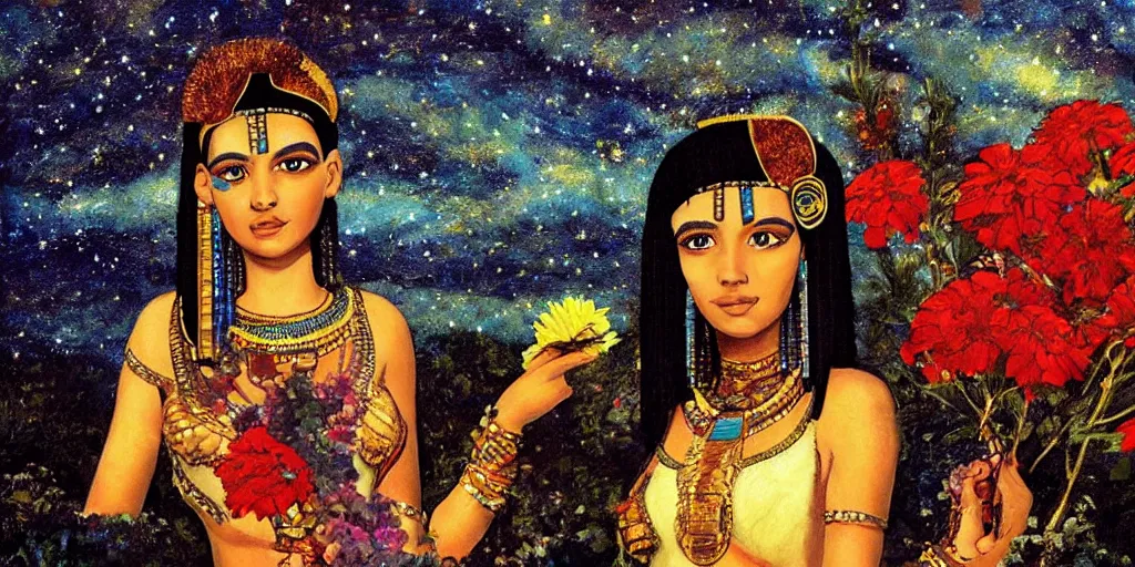 Prompt: a painting of cleopatra holding flowers. star lit sky, ultra realistic.