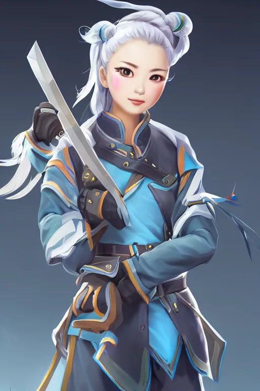 Image similar to a south korean female from paladins, white ponytail hair, she is holding a kunai, wearing light blue jacket, highly detailed digital art, character design, masterpiece