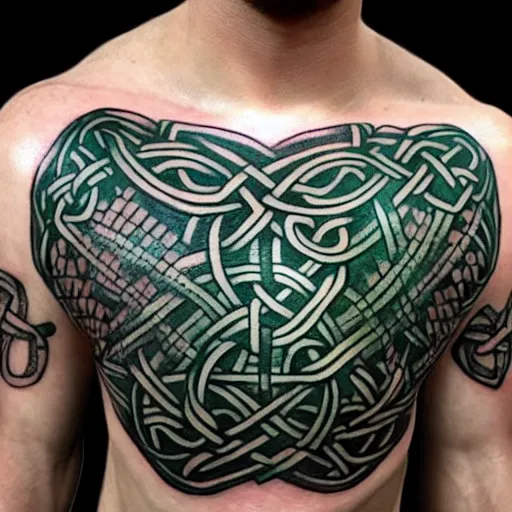 Image similar to shoulder tattoo, nordic and celtic, viking with sword and shield, celtic knot band with a viking warrior centerpiece, viking holds a shield frontward and a sword over his head, dark green black ink tattoo