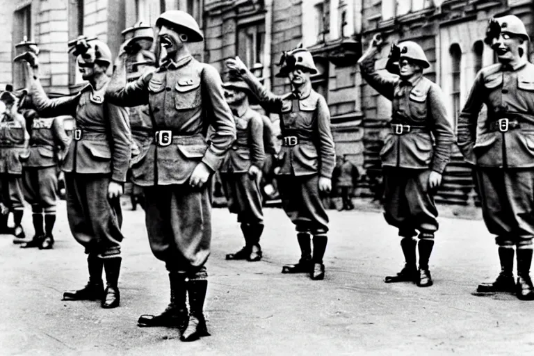 Prompt: minions as german soldiers in ww 2, goose stepping, military parade, dress uniforms