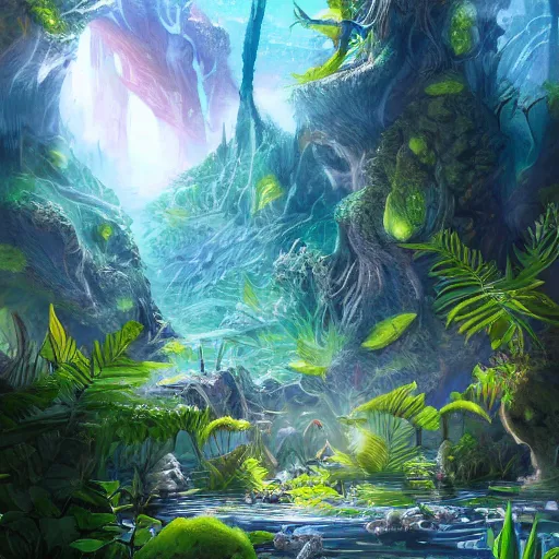 Prompt: beautiful lush natural scene on another planet, with creatures. different than earth but beautiful. lightfall. beautiful detailed digital painting. trending on artstation and deviantart.
