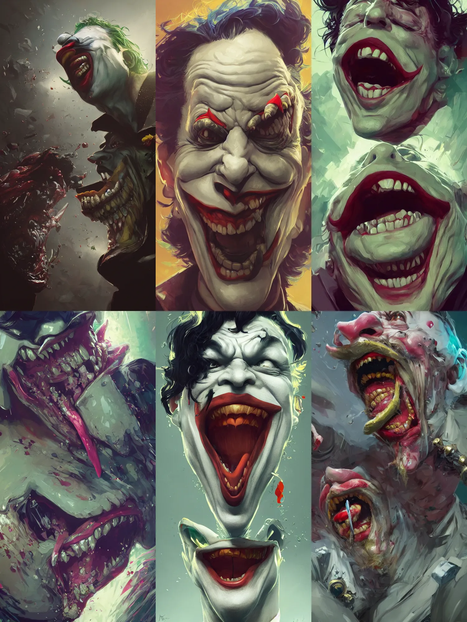 Image similar to Every Joker ever laughing at you, Darek Zabrocki, Karlkka, Jayison Devadas, Phuoc Quan, trending on Artstation, 8K, ultra wide angle, pincushion lens effect