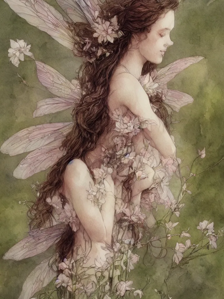 Image similar to study of a flower fairy, illustration, watercolor, alan lee, detailed, pretty, ethereal, realistic, artstation,