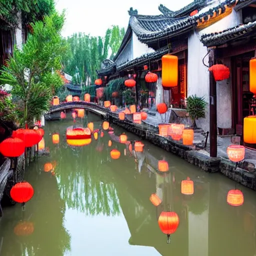 Image similar to beautiful and peaceful ancient water town in the south of china, zhouzhuang ancient town, movie style, warm color to move, boats, evening lanterns, the glow of the sunset on the water, high detailed