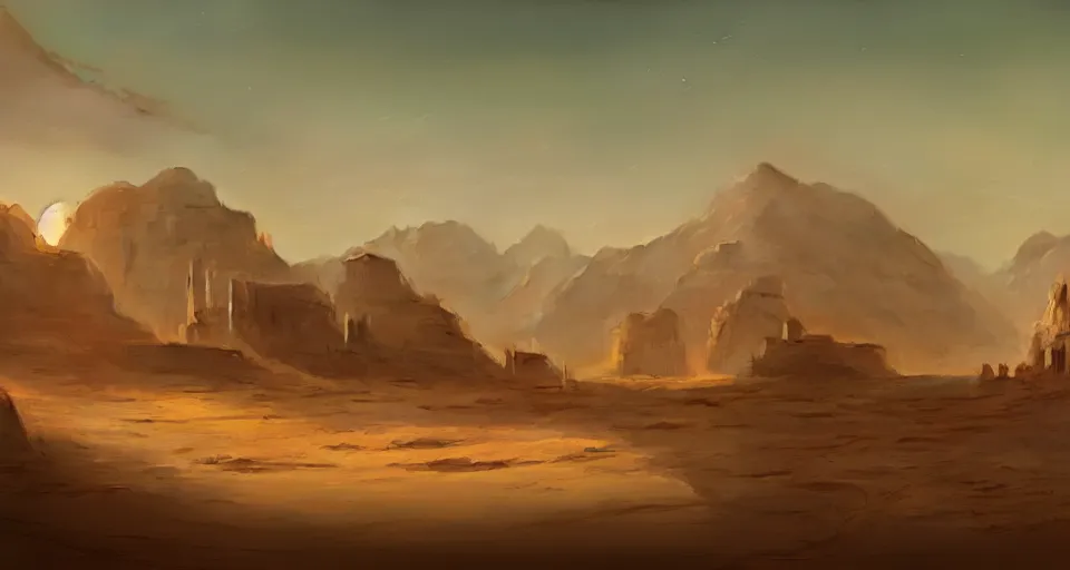 Image similar to a distant desert village, artstation, cgsociety