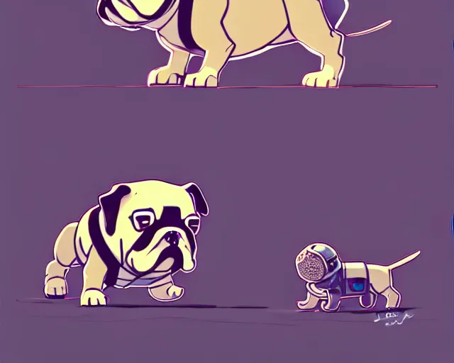 Prompt: a study of cell shaded cartoon of an adorable bulldog puppy piloting a mech, illustration, wide shot, subtle colors, post grunge, concept art by josan gonzales and wlop, by james jean, Victo ngai, David Rubín, Mike Mignola, Laurie Greasley, highly detailed, sharp focus, alien, Trending on Artstation, HQ, deviantart, art by artgem