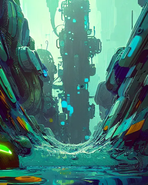 Prompt: watery construct, colorful water flowing from all sides, strange object in the middle, cinematic lighting, interesting, unique, alien, advanced technology, high quality, perfect, 8 k high detail, masterpiece, trending on artstation, by ian mcque, bradley wright