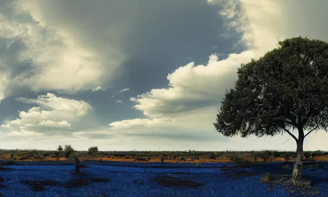 Image similar to panorama of big raindrops flying upwards into the perfect cloudless blue sky from a dried up river in a desolate land, dead trees, blue sky, hot and sunny highly-detailed, elegant, dramatic lighting, artstation, 4k, cinematic landscape, photograph by National Geographic