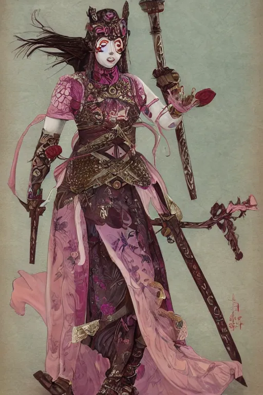 Image similar to full - bodied portrait, female changeling in rose - patterned eastern light armor, wielding a decorated halberd, barefoot in sandals, wearing noh theatre mask, mischievous, seductive, realistic proportions, reasonable fantasy, colorful and detailed, ghostblade, wlop.