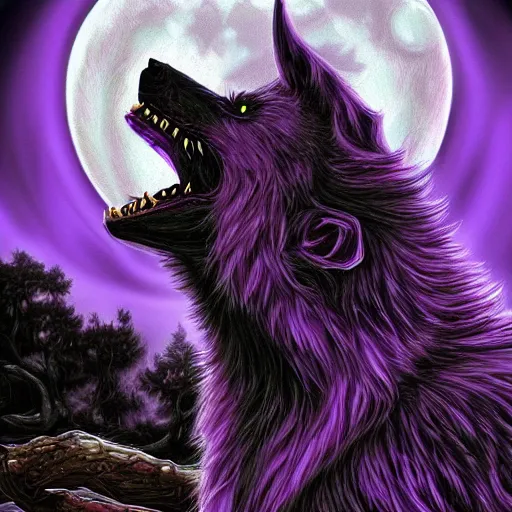 Image similar to a purple werewolf howling into a full moon, in the style of ayami kojima, realistic digital painting, very detailed