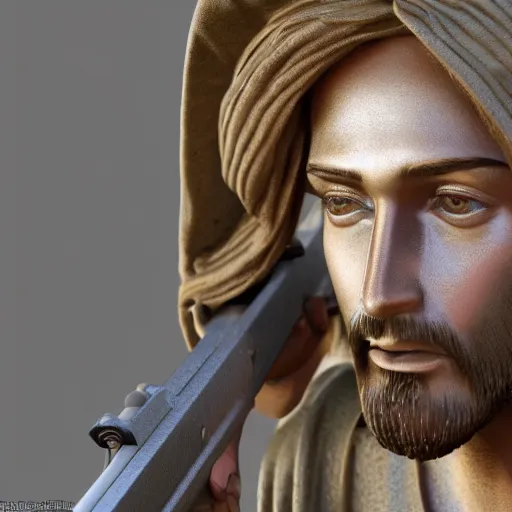 Prompt: jesus shooting a lmg, 3 d render, octane ray tracing, ultra high resolution, ultra detailed, photorealistic, medieval mossaic