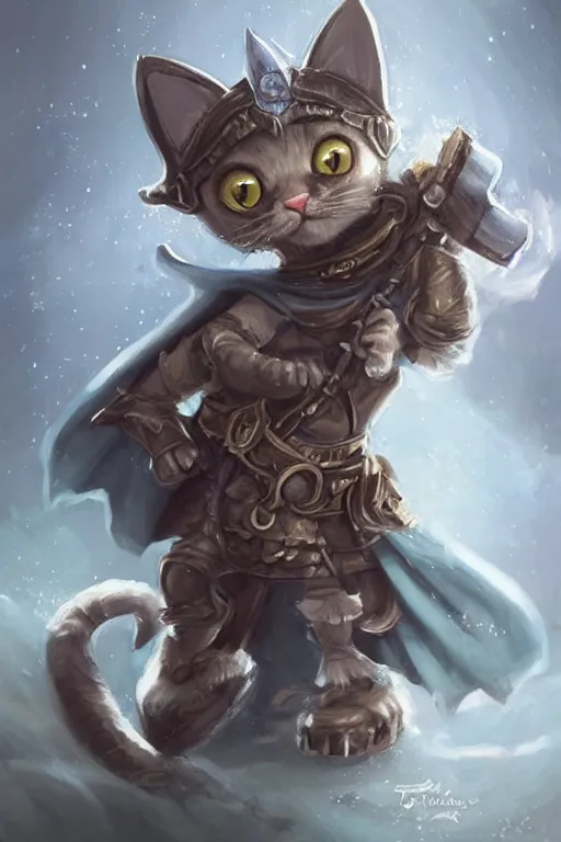 Image similar to cute little anthropomorphic cat knight wearing a cape and a crown, tiny, small, miniature cat , baby animal, short, pale blue armor, cute and adorable, pretty, beautiful, DnD character art portrait, matte fantasy painting, DeviantArt Artstation, by Jason Felix by Steve Argyle by Tyler Jacobson by Peter Mohrbacher, cinematic lighting