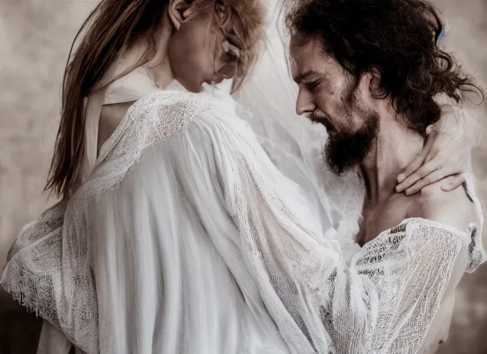 Image similar to married couple, jesus hugging a woman, spirit hugs, in style of paolo roversi, britt marling style 3 / 4, a beautiful ethereal lace white robe, 8 k, soft focus, soft light, volumetric lighting, highly detailed realistic, refined, highly detailed, natural outdoor soft pastel lighting colors scheme