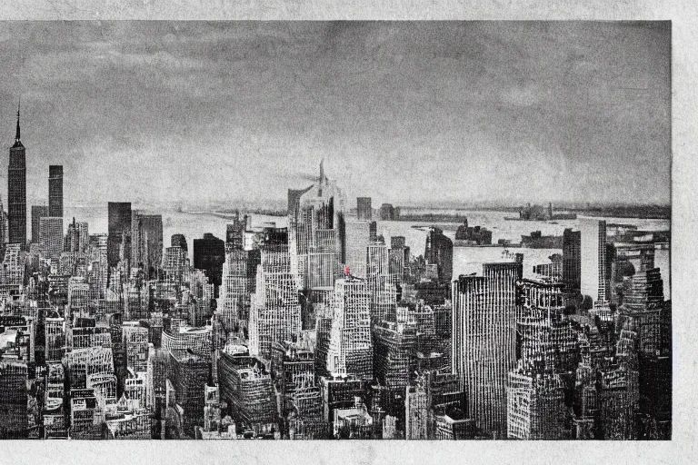 Image similar to old halftone newspaper photograph of a giant snake attacking new york city skyline