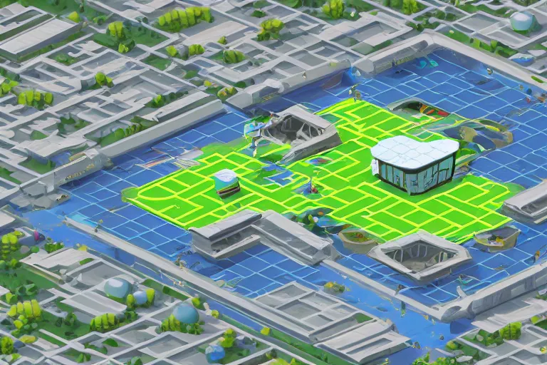 Image similar to isometric view of a futuristic high - tech sky arena inspired by modern skate parks and modern chinese playgrounds in the style of mario 3 d world, day