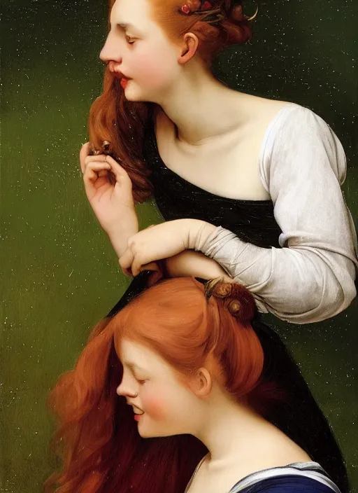 Image similar to a happy a young woman wearing a sophisticated dress, among the lights of golden fireflies and nature, long loose red hair, intricate details, green eyes, freckles on the nose, round gentle face, full figure portrait, golden ratio, high contrast, photorealistic digital art by artemisia lomi gentileschi and caravaggio and tomacz alen kopera.