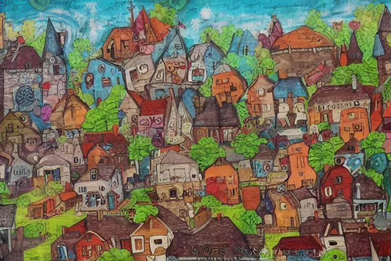 Image similar to a small fantasy town, mixed media on canvas, 2 d, whimsical,
