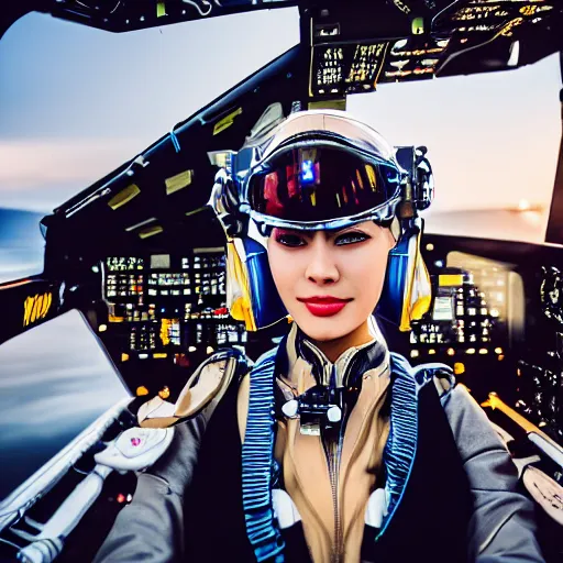 Prompt: hd photo of beautiful bot fighter pilot as elegant electric girl with shiny mechanical parts and patterns piloting. scene = in a fighter jet cockpit. wide angle. background : air combat