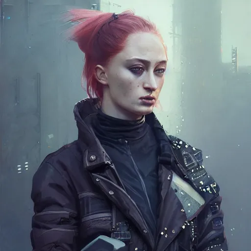 Image similar to sophie turner, streetwear techwear cyberpunk style outfit, parial mask, detailed portrait, intricate complexity, by greg rutkowski, cushart krentz, artgerm, ross tran, conrad roset, takato yomamoto, ilya kuvshinov. 4 k, beautiful, cinematic dramatic atmosphere, portrait lighting