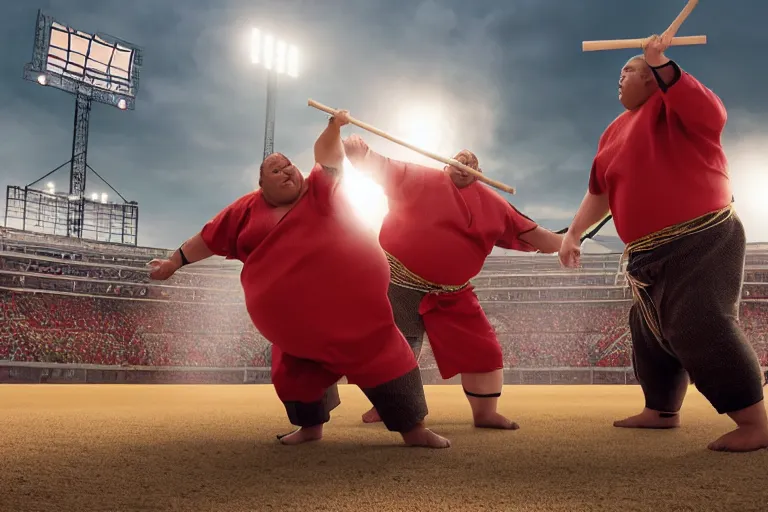 Prompt: Konishiki attempts to become the ox king by using a large, black, spiked kanabo. Background, a baseball stadium that is filled with people in the stands. The sun is coming down as the stadium lights shine on the field. Realistic Fantasy Render. 4K HD. Unreal Engine.