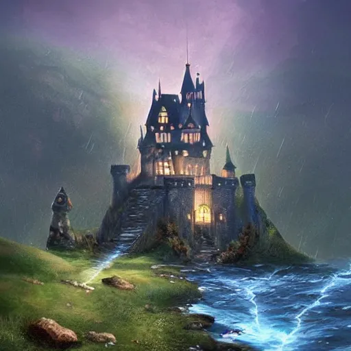 Prompt: castle, raining, celestia, eden, river, fantasy artwork, award winning, very very very very very very very beautiful scenery, artstation