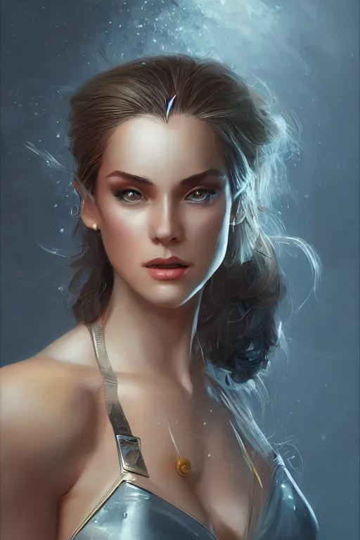 Image similar to three quarters portrait pose of a beautiful woman, strong body,super heroine costume,super powers, fantasy, intricate, elegant, highly detailed, digital painting, artstation, concept art,shining, sharp focus, illustration, art by Stanley Lau