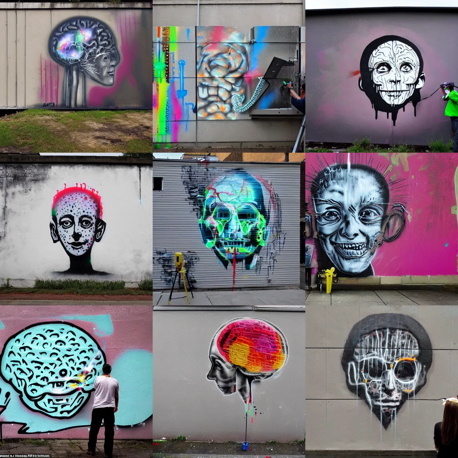 Prompt: A robot spray painting an image of human brain onto a wall, dripping paint, in the style of Banksy