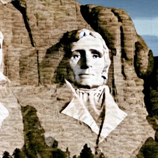 Image similar to Mount Rushmore being eaten like a cake by a huge alien, realistic, video, 35mm