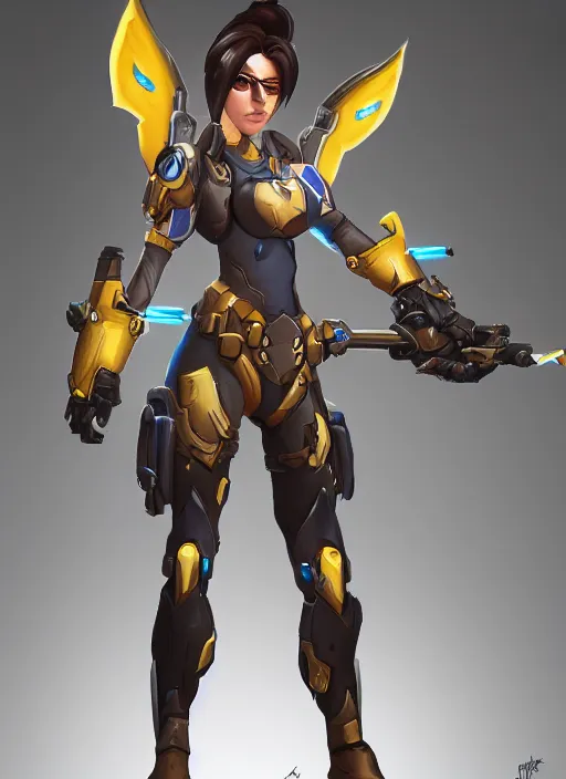 Prompt: a hyper realistic image of a female warrior wearing overwatch armor, tracer, mercy from overwatch, concept art, concept armor, artstation