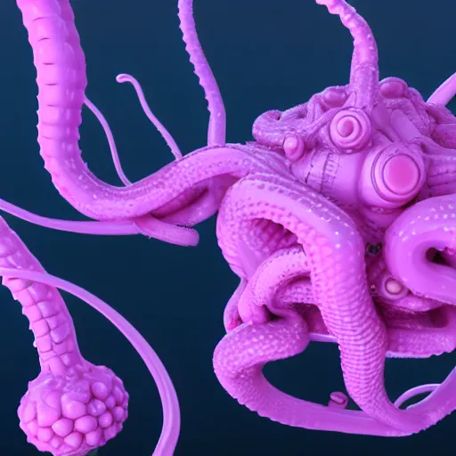 Prompt: pink brain with tentacles wrapping around side of astronaut face. no helmet. 3 d blender render. 8 k. smooth. simple.