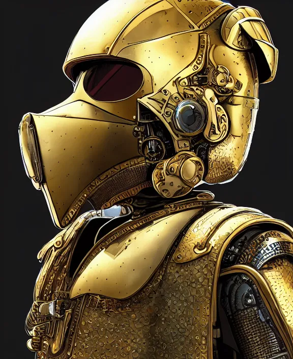 Image similar to a portrait of an armoured warrior with golden steampunk armour and a futuristic helmet with a cybernetic holographic visor by Moebius, 4k resolution, photorealistic