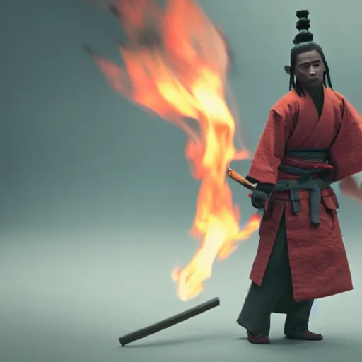 Image similar to cinematic film still of Lil’ Wayne starring as a Samurai holding fire, Japanese CGI, VFX, 2022, 40mm lens, shallow depth of field, film photography