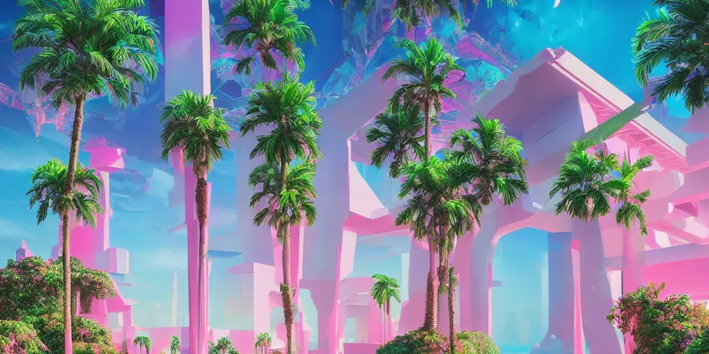 Image similar to Beeple masterpiece, hyperrealistic surrealism, award winning masterpiece with incredible details, epic stunning, infinity pool, a surreal vaporwave liminal space, highly detailed, trending on ArtStation, calming, meditative, pink arches, palm trees, very vaporwave, very very surreal, sharp details, dreamscape, giant head statue ruins