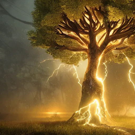 Prompt: lightening tree, beautiful, trending on artstation, 4k, hyperrealistic, focused, extreme details, unreal engine 5, cinematic, masterpiece, high resolution, detailed