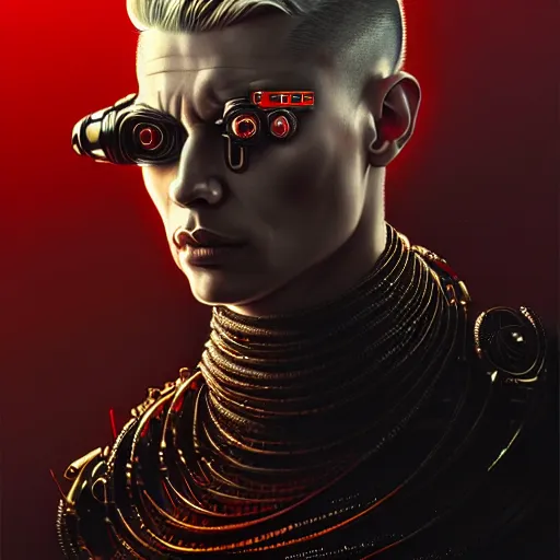 Image similar to man with extremely large and intricate haircut with angry red eyes and slim features looking askance, eye cyberpunk bionics, retro futurist style, intricate, elegant gleaming intricate baroque jewelry, angelic halo, highly detailed, digital painting, artstation, concept art, smooth, sharp focus, illustration, art by wlop, mars ravelo and greg rutkowski,